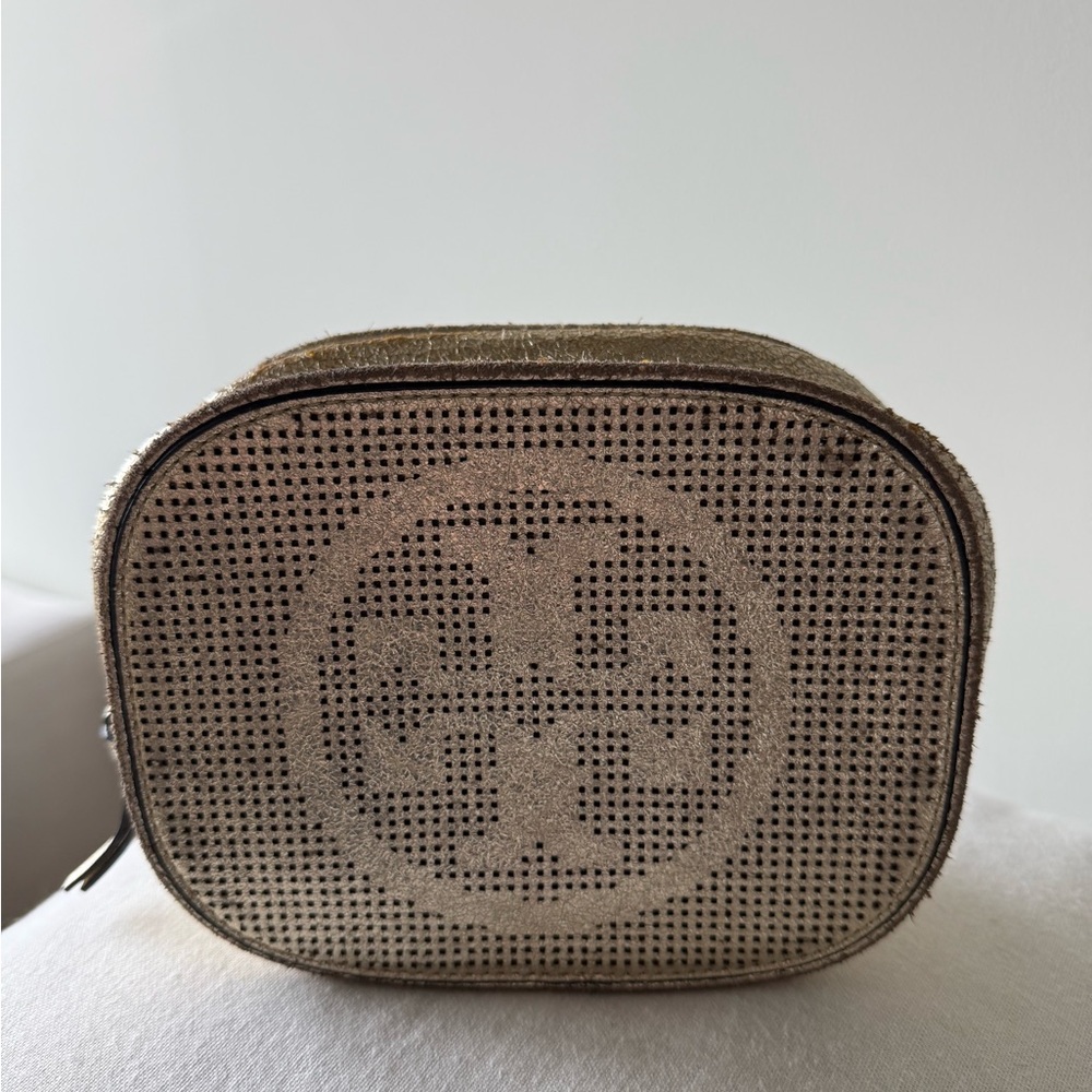 Tory Burch metallic gold leather cosmetic makeup zip bag